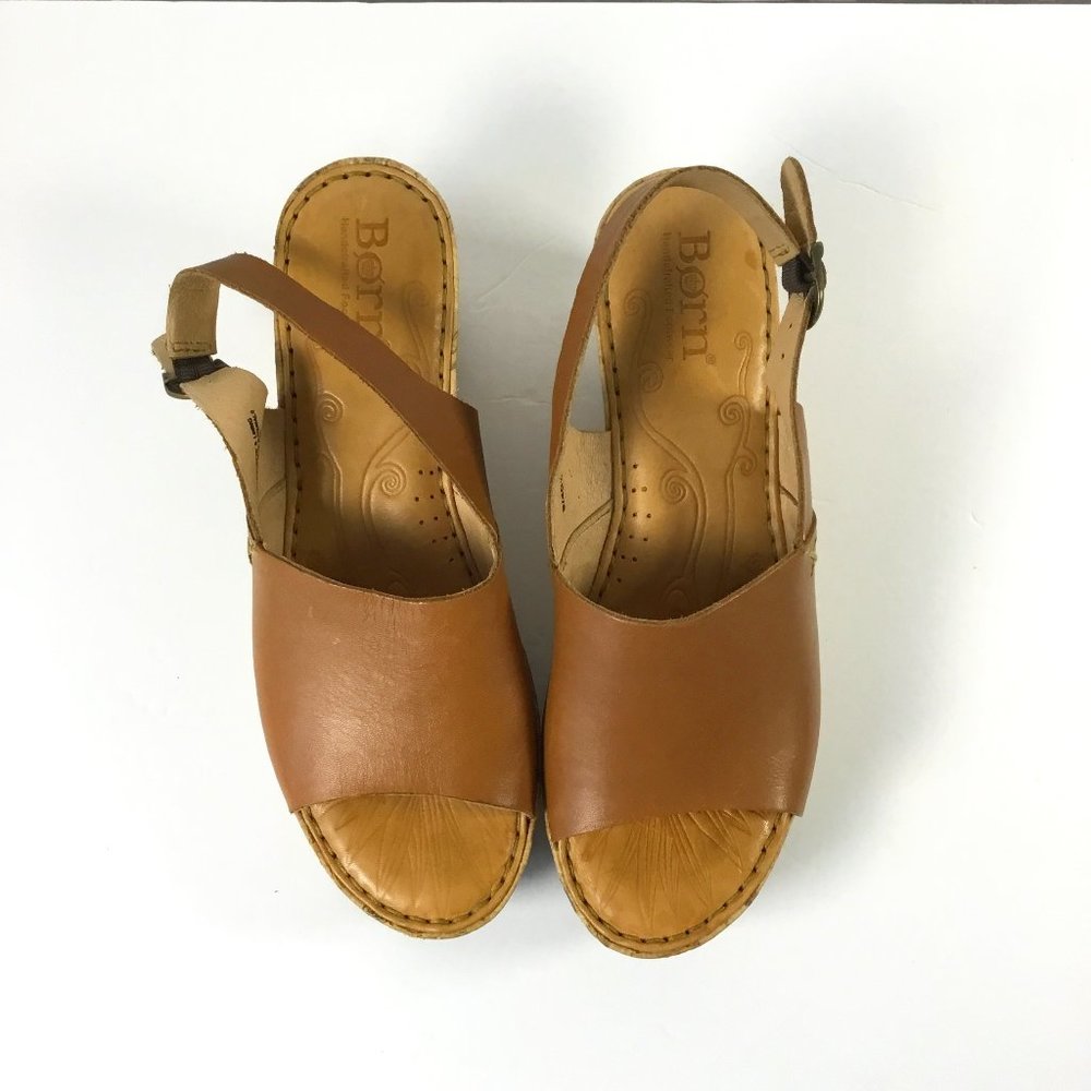 Born Platform Cork Wedge Tan Leather Sandal Size 9.5